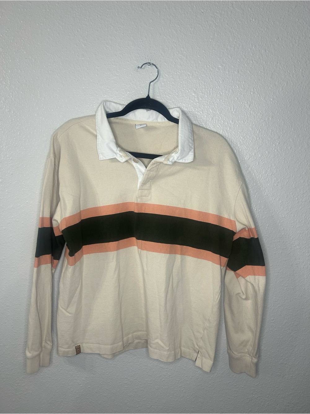 Cream Rugby Polo with Peach and Dark Green Stripes